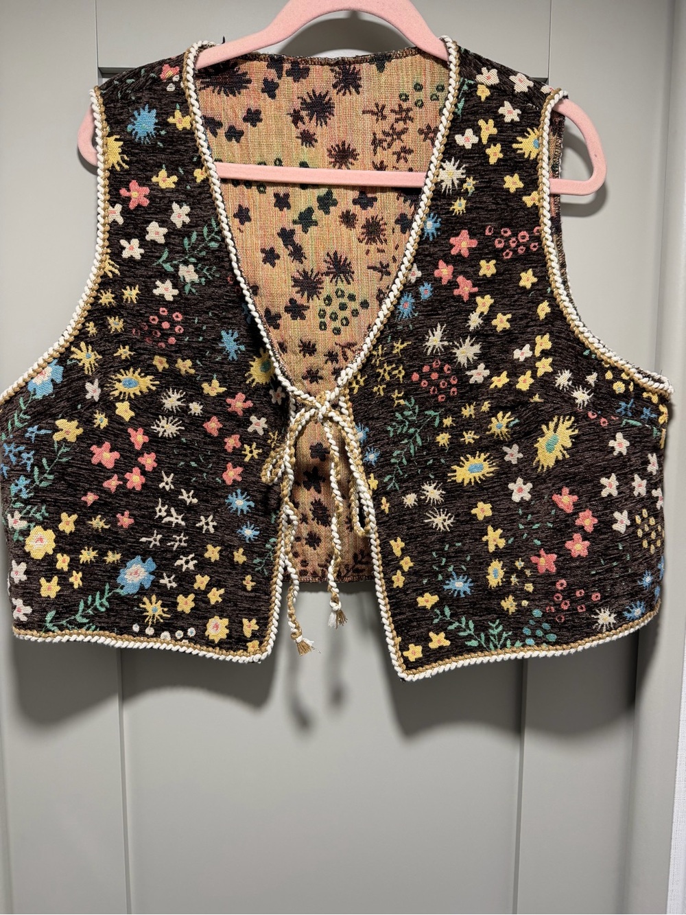 Embroidered Floral Crochet Tie-Front Vest - Brown